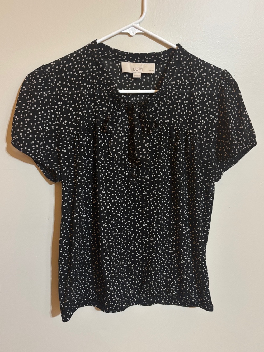 LOFT Black with White Dot Tie-Neck Short Sleeve Blouse